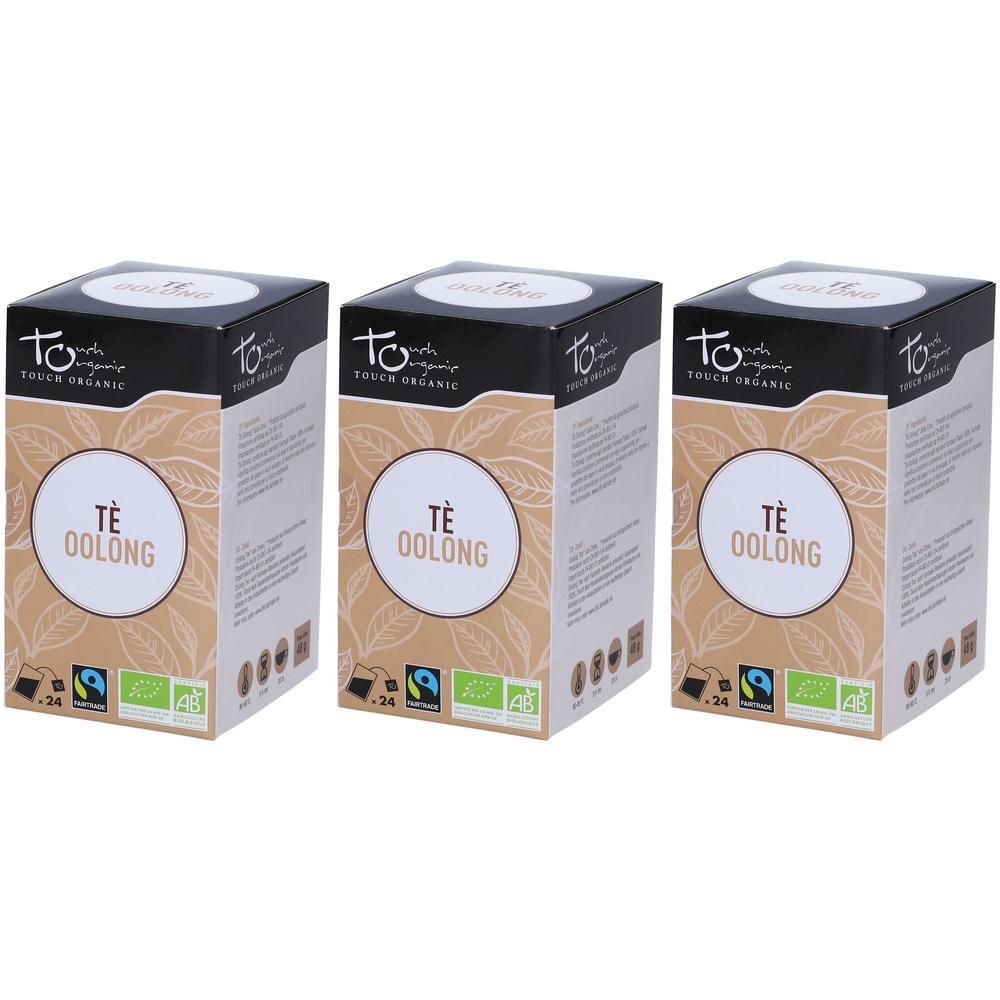 Tre scatole di tè Oolong Bio, ciascuna con 24 filtri. Logo e nome del prodotto in alto e sul davanti.