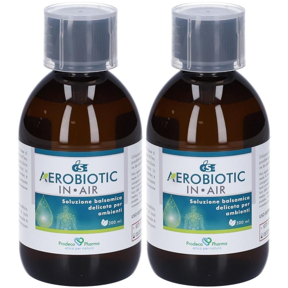 Due flaconi in vetro ambrato di GSE Aerobiotic In Air, soluzione balsamica, 300 ml.