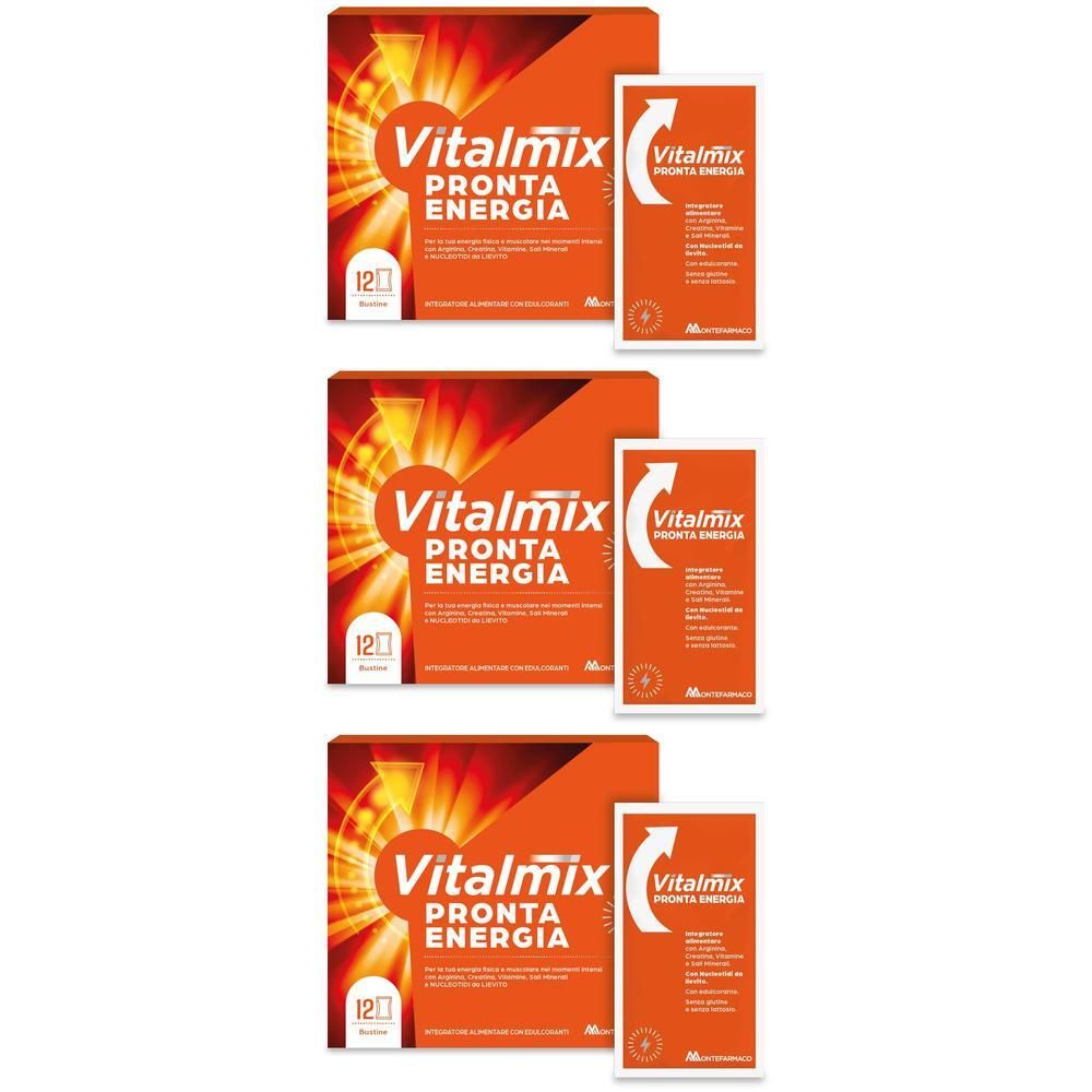 Tre confezioni di Vitalmix Pronta Energia, scatola arancione da 12 bustine.