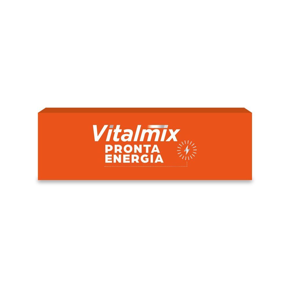 Vista laterale della confezione Vitalmix Pronta Energia, arancione, 12 bustine.