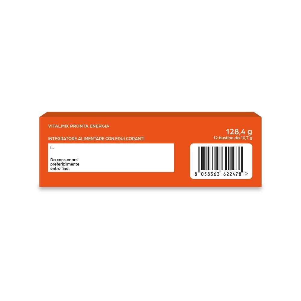 Fondo della confezione Vitalmix Pronta Energia, arancione, con codice a barre e peso netto.