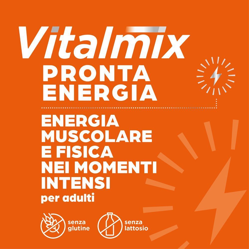 Vitalmix Pronta Energia, arancione, testo su energia, muscoli, sistema immunitario e funzione cognitiva.