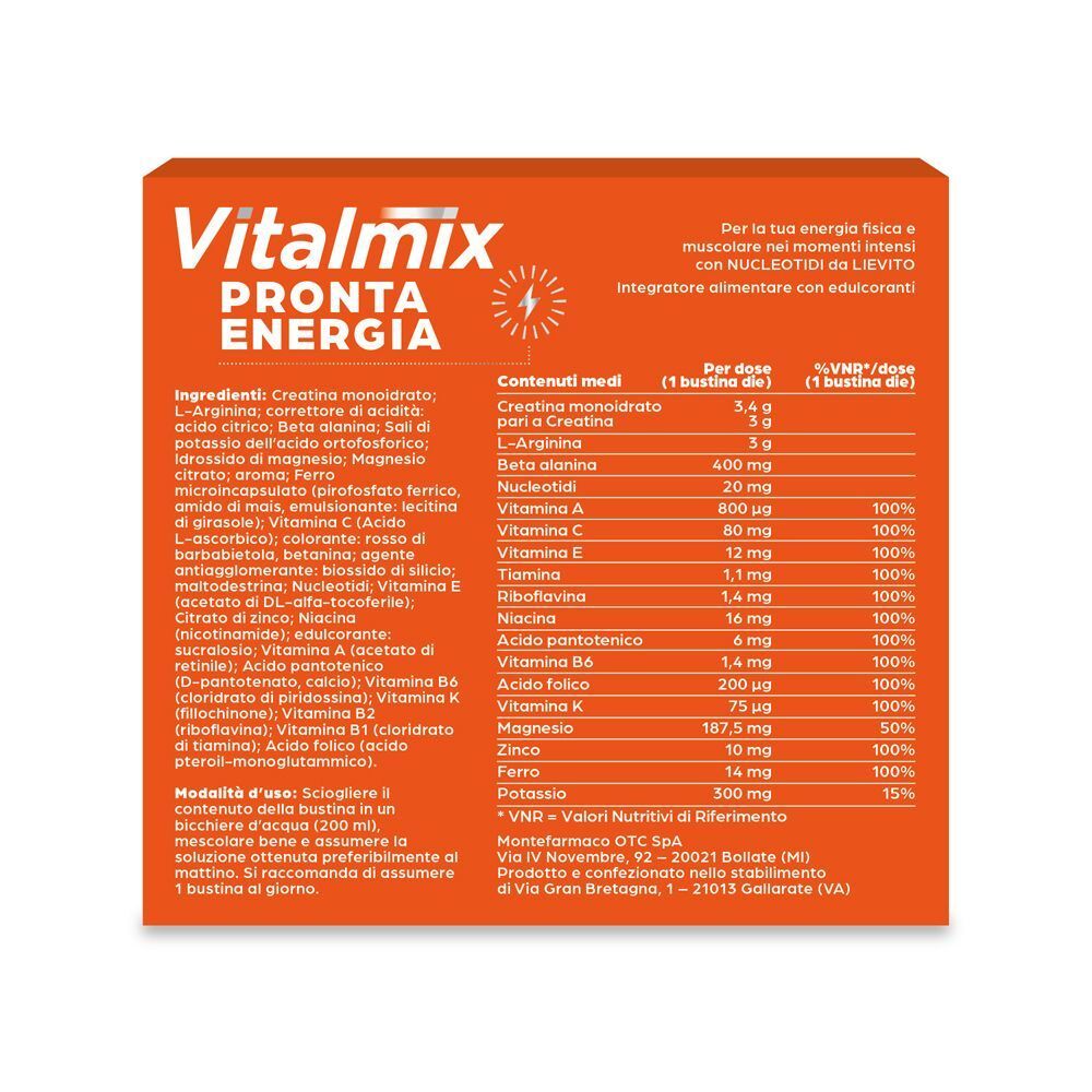Confezione Vitalmix Pronta Energia. Retro con ingredienti dettagliati e valori nutrizionali.