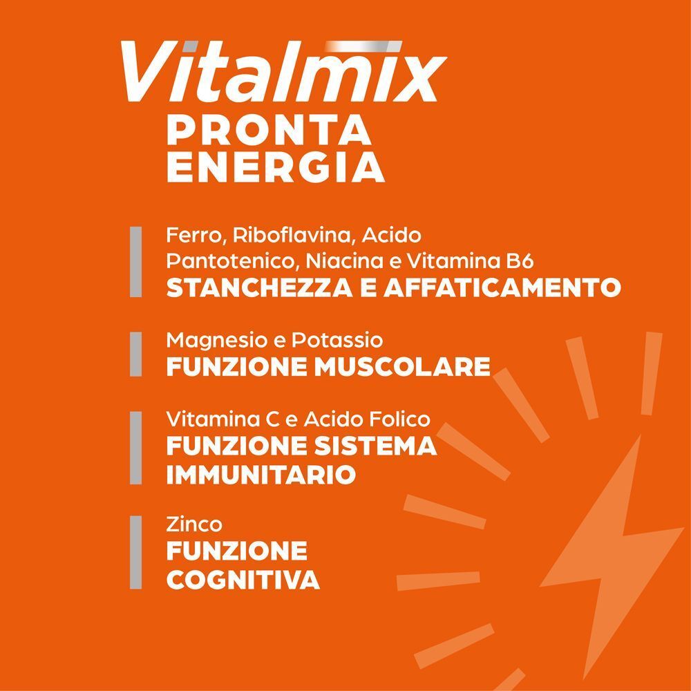 Vitalmix Pronta Energia. Primo piano del fronte con enfasi sui nutrienti per sistema immunitario e cognitivo.