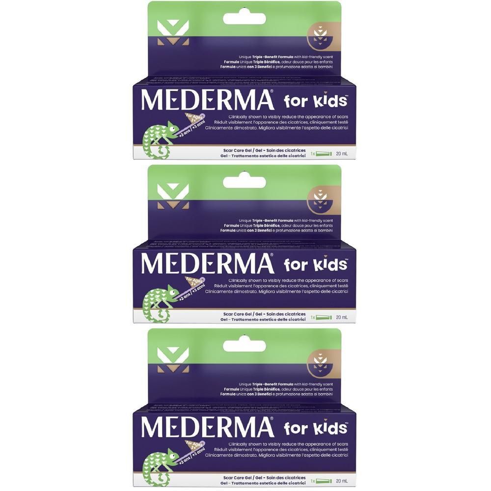 Tre confezioni di gel per la cura delle cicatrici Mederma for Kids con illustrazione di camaleonte.