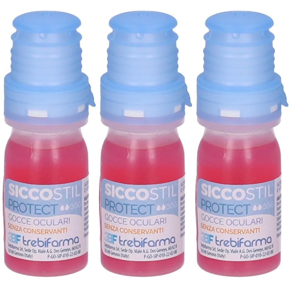 Tre flaconcini di gocce oculari Siccostil Protect.