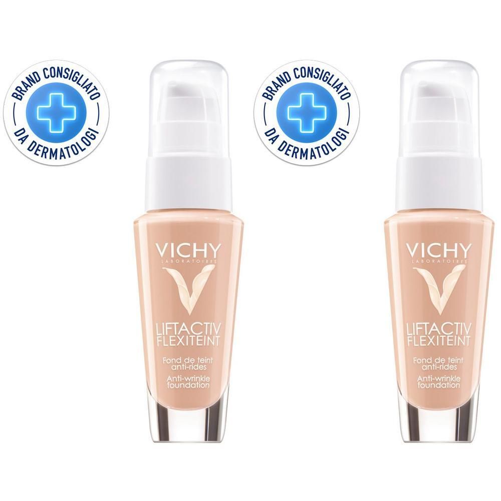 Due flaconi Vichy Liftactiv Flexiteint con erogatore a pompa. Sigillo "Consigliato dai dermatologi".