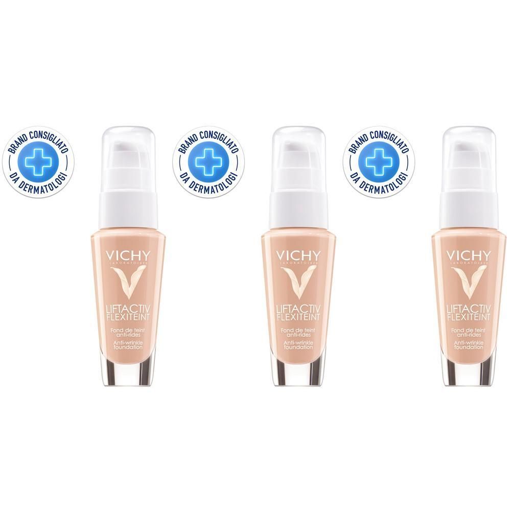 Tre flaconi Vichy Liftactiv Flexiteint con dispenser a pompa. In alto: sigillo 'Consigliato dai dermatologi'.