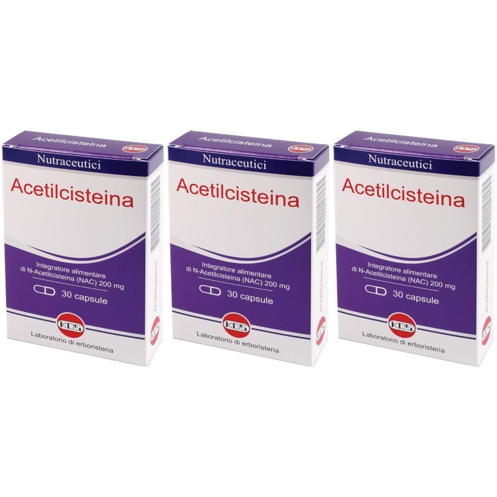 Tre scatole di capsule di Acetilcisteina, ciascuna contiene 30 capsule.