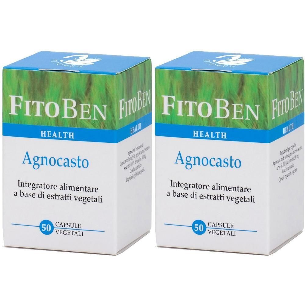 Due confezioni di FitoBen Agnocasto, 50 capsule vegetali per confezione. Integratore alimentare a base di estratti vegetali.