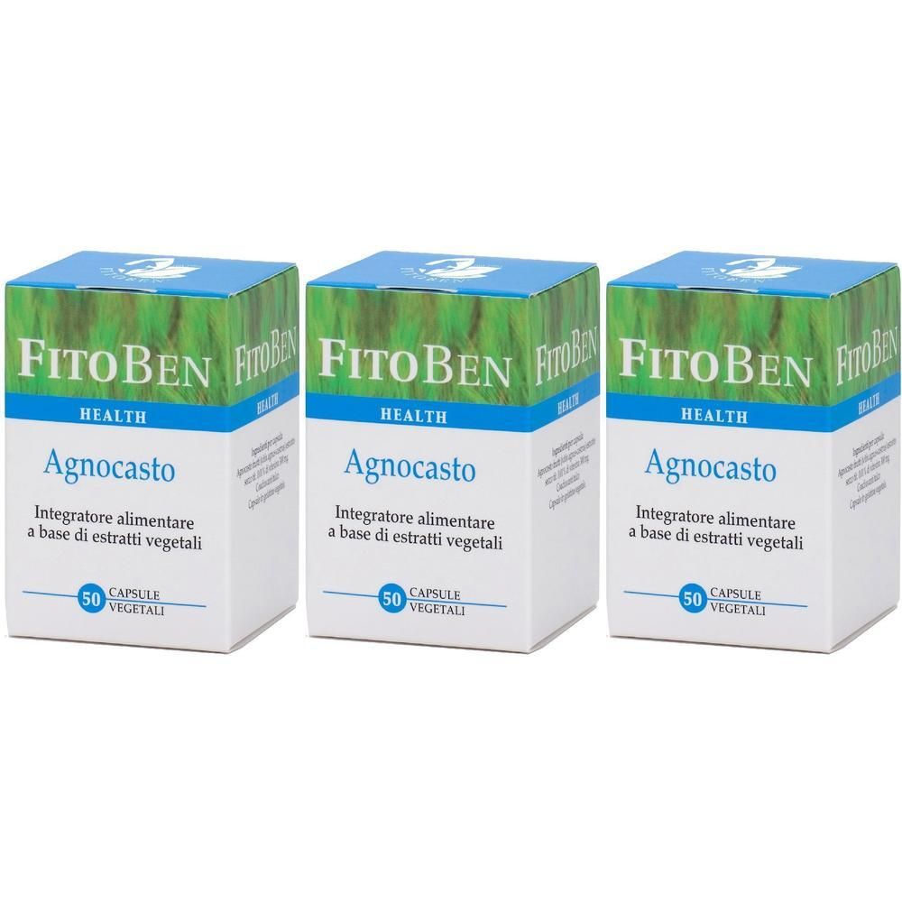 Tre confezioni di FitoBEN Agnocasto, integratore alimentare, 50 capsule vegetali per confezione.