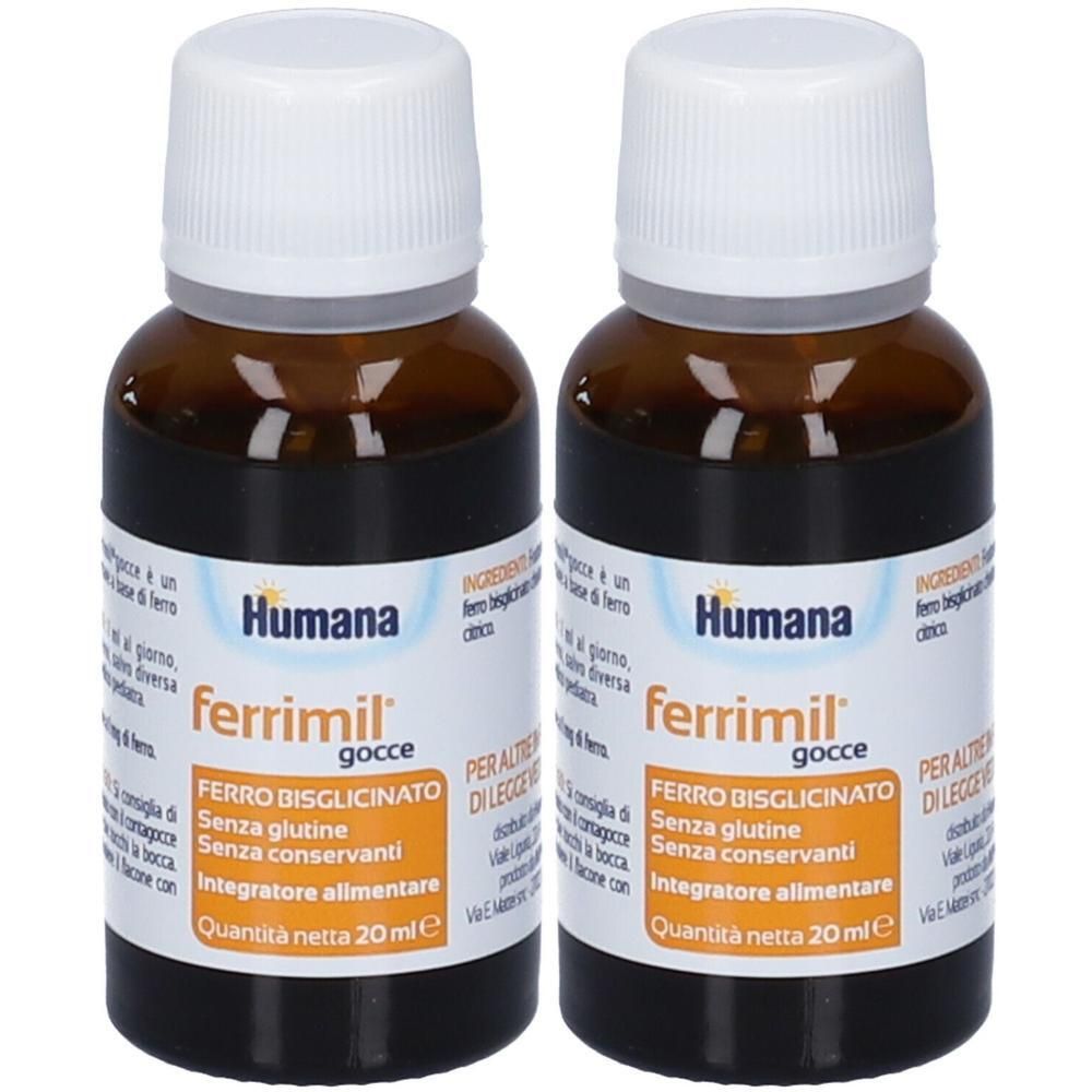 Due flaconcini Humana Ferrimil Gocce, vetro ambrato, tappo bianco, 20 ml.