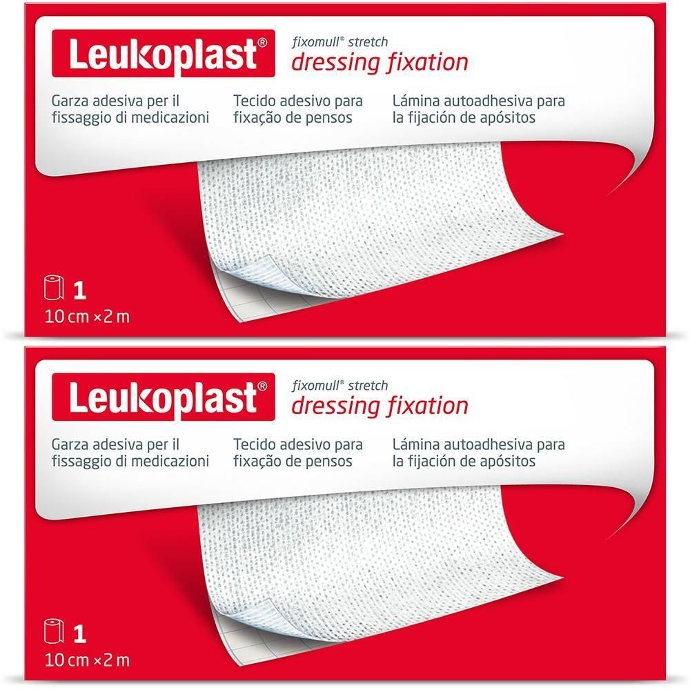 Due confezioni di Leukoplast Fixomull Stretch, 10 cm x 2 m. Garza adesiva per il fissaggio.