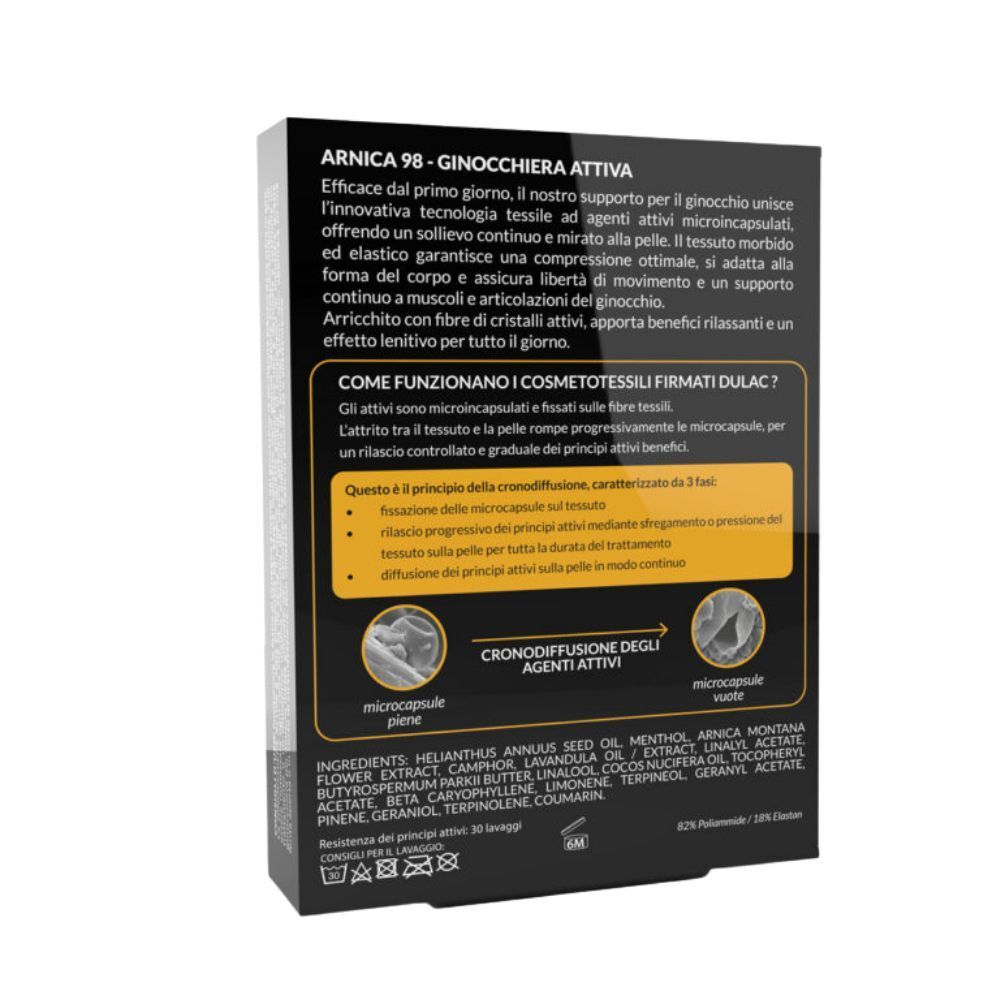 Retro della confezione del ginocchio attivo Dulac Arnica Active 98% con informazioni sul funzionamento e sugli ingredienti.