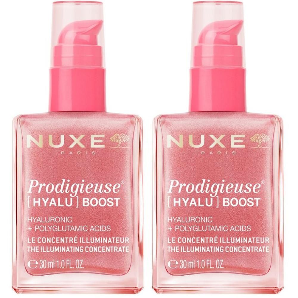 Due flaconi di Nuxe Prodigieuse [Hyalu] Boost Concentrato Illuminante con erogatori a pompa.