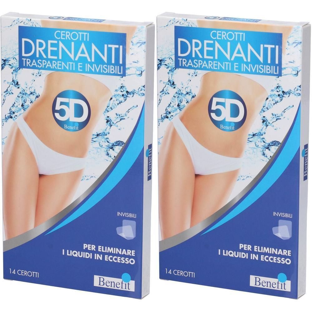 Due confezioni di cerotti Benefit 5D Drenanti. Trasparenti e invisibili, per eliminare i liquidi in eccesso. 14 cerotti per confezione.