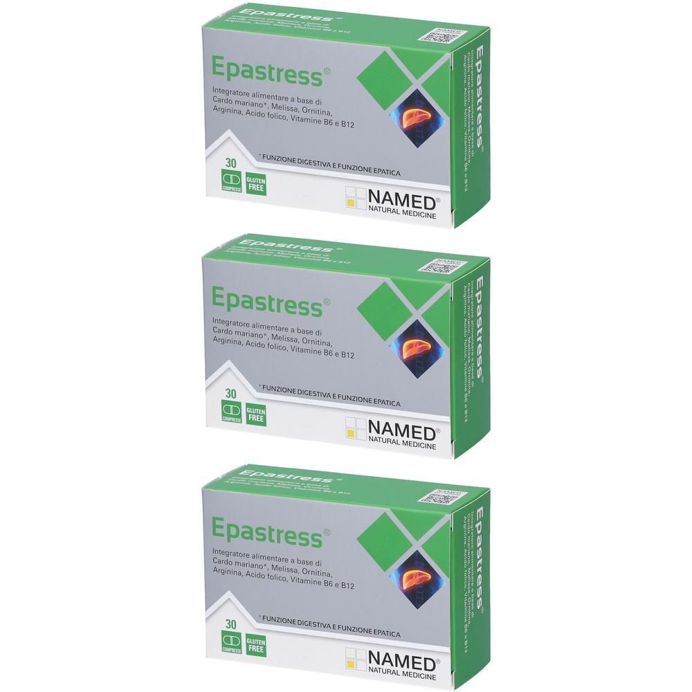 Tre confezioni di Epastress, integratore alimentare con immagine del fegato e sigillo senza glutine.