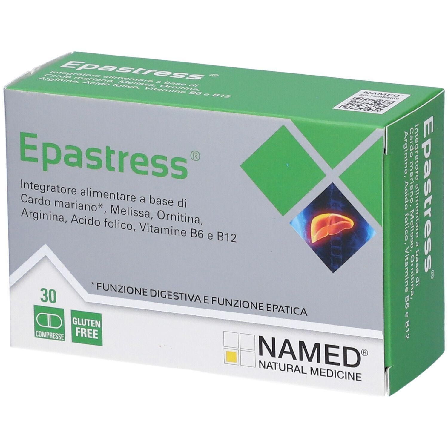 Epastress: 30 compresse, senza glutine. Integratore alimentare con immagine del fegato.