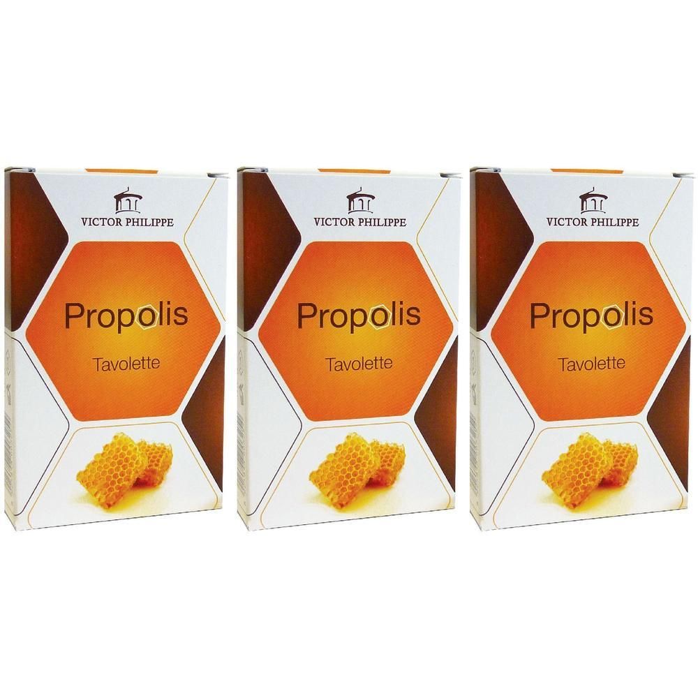 Tre confezioni di Propolis Tavolette con design a nido d'ape e immagine di favi.