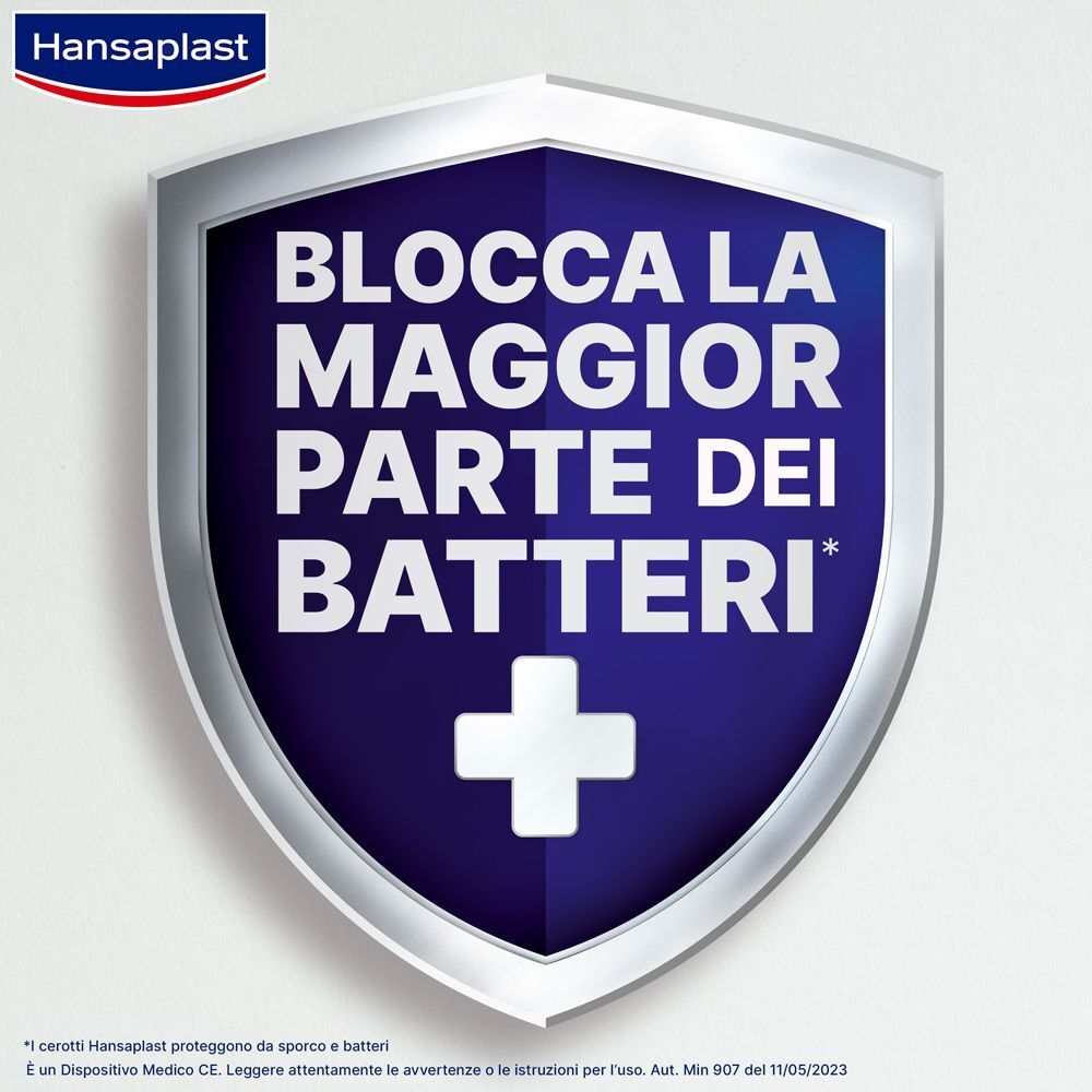 Logo Hansaplast con scudo: blocca la maggior parte dei batteri. Dispositivo medico CE.