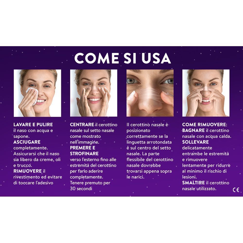 Applicazione: Pulire il naso, applicare il cerotto, premere. Rimozione: Bagnare, rimuovere.