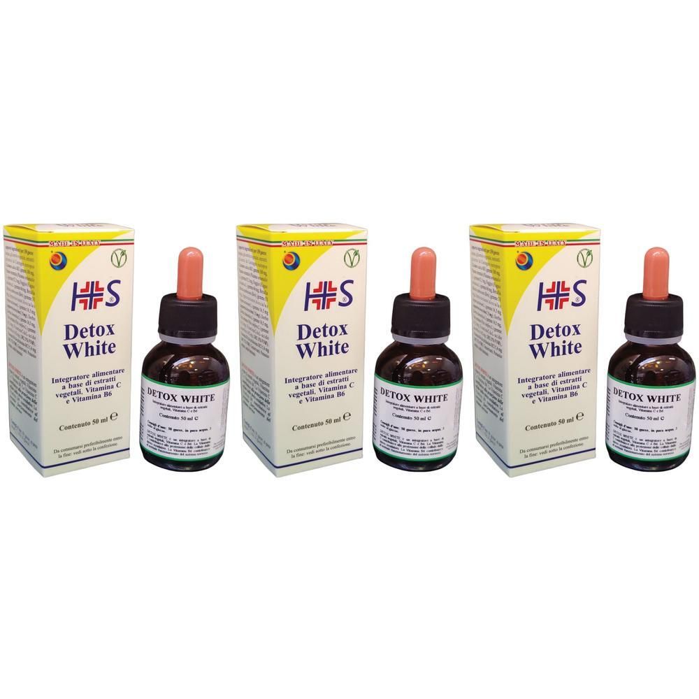 Tre flaconi con contagocce e scatole, etichettati 'Detox White'.