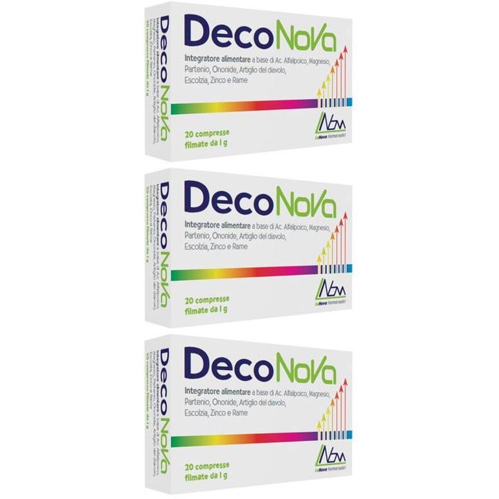 Tre scatole DecoNova, 20 compresse per scatola. Contiene ingredienti come carciofo e zinco.