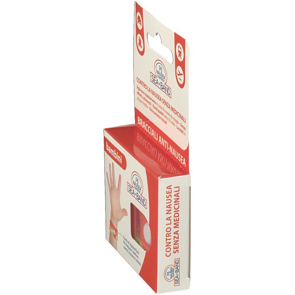 Una confezione di braccialetti anti-nausea per bambini, vista laterale.