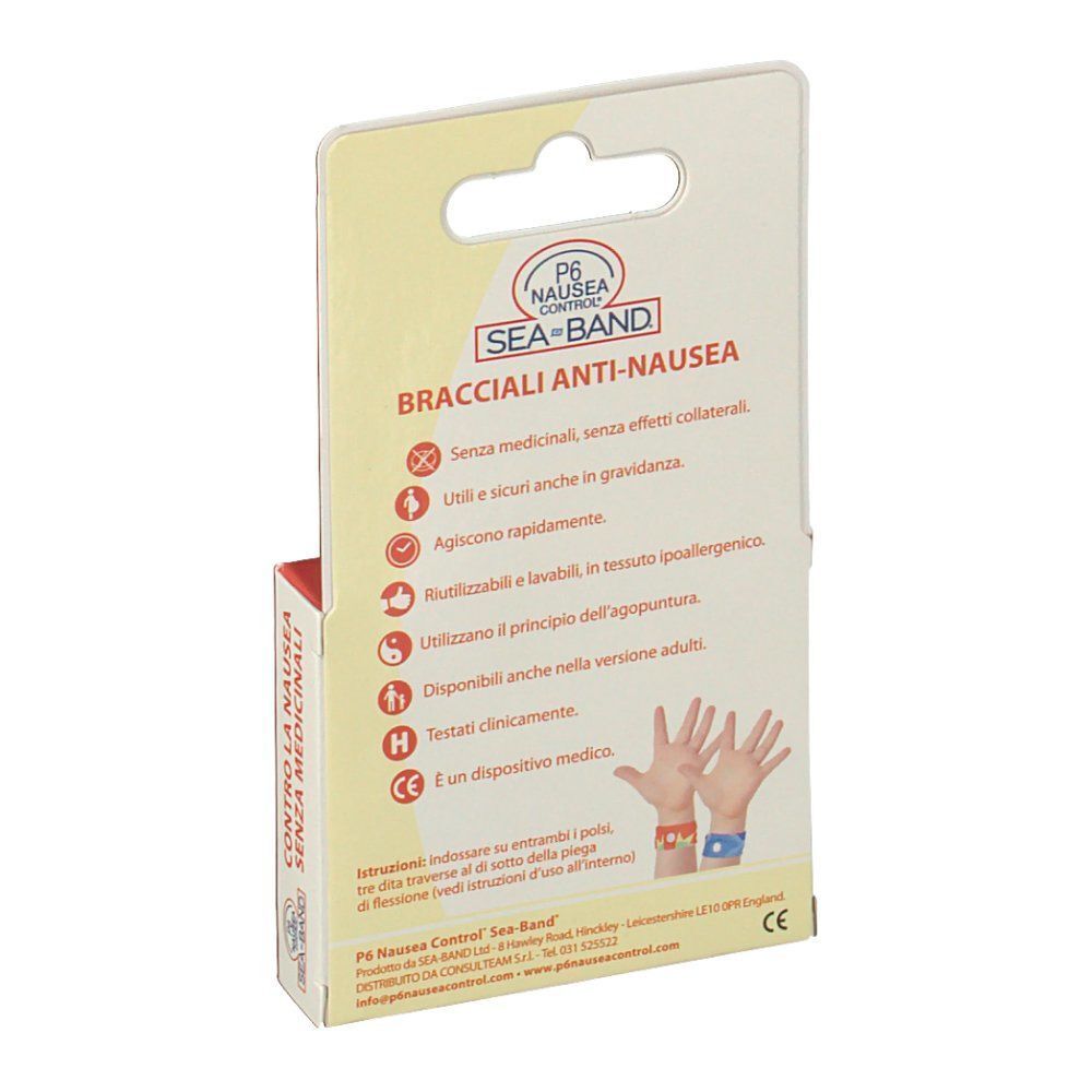 Retro di una confezione di braccialetti anti-nausea Sea-Band.