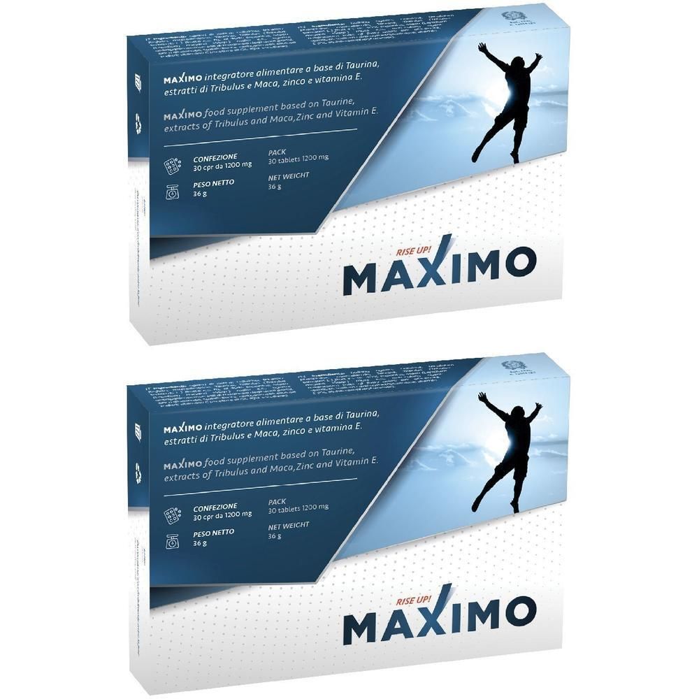 Due confezioni di integratori alimentari Maximo con immagine di persona che alza un braccio.