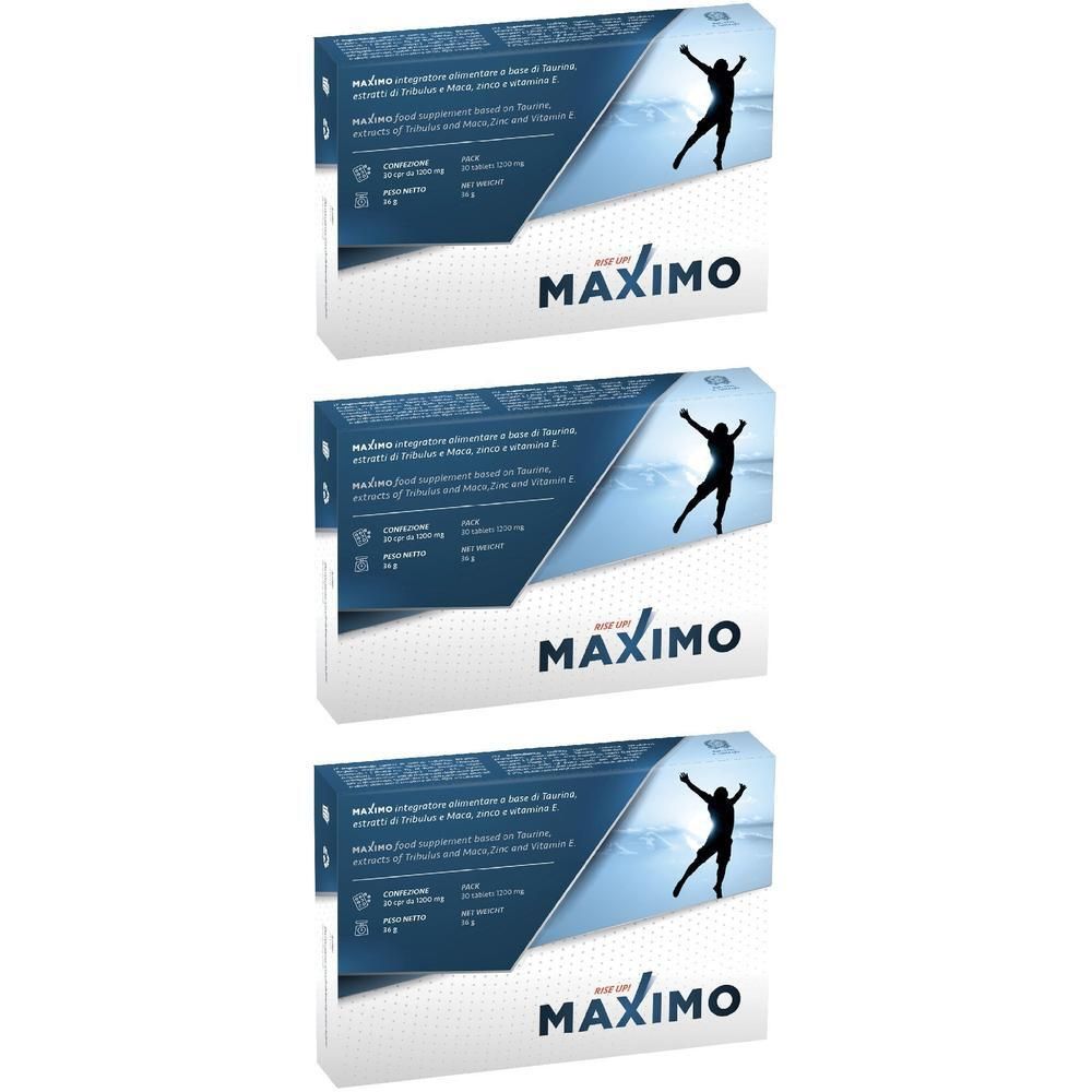 Tre confezioni di integratori alimentari Maximo con acido folico e vitamina E.
