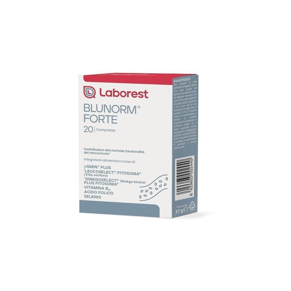 Confezione da 20 compresse Laborest Blunorm Forte. Contiene Vitamina B, Acido Folico e Selenio.