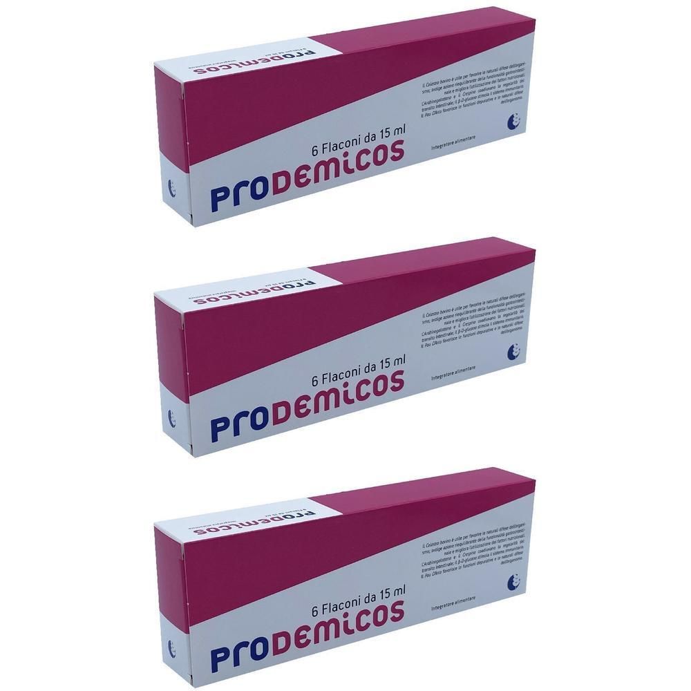 Tre scatole Prodemicos, ciascuna con 6 flaconi da 15 ml.