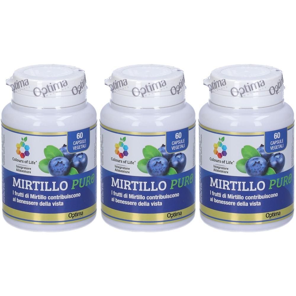 Tre flaconi di Mirtillo Puro con 60 capsule vegetali. Illustrazione di mirtilli sull'etichetta.