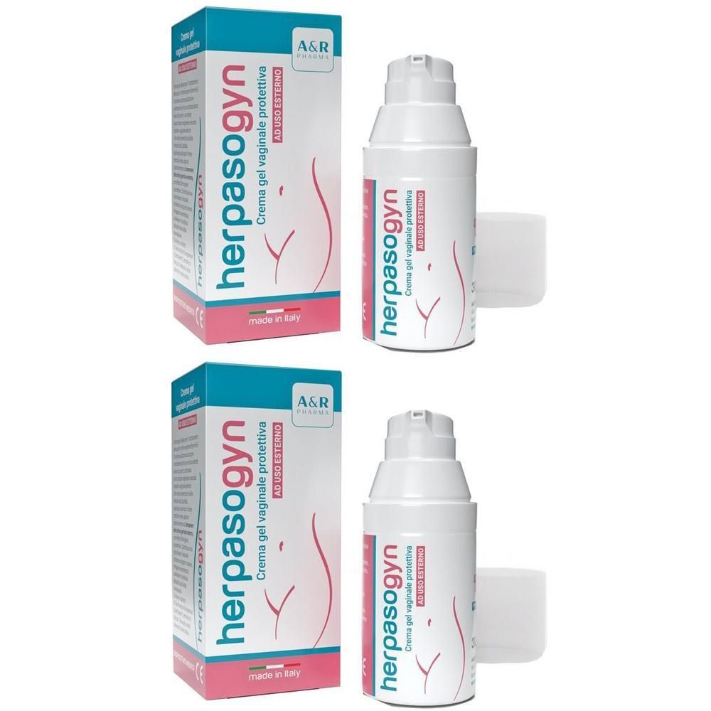 Due confezioni di crema vaginale Herpasogyn con dispenser a pompa. La scatola mostra una silhouette femminile stilizzata.