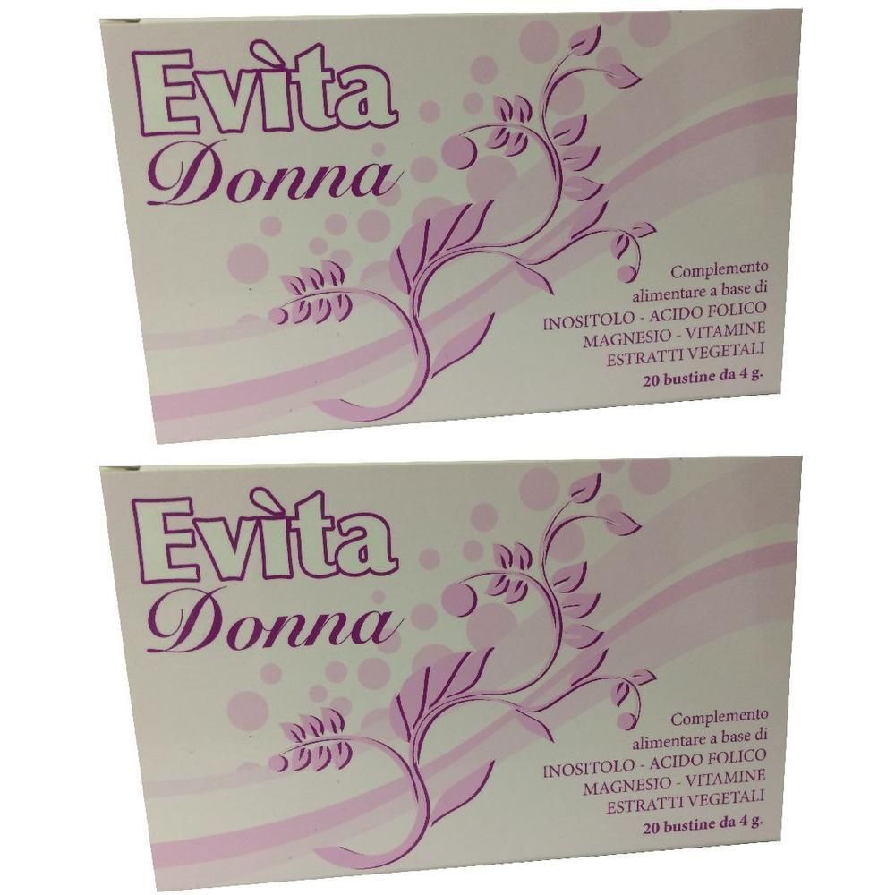 Due confezioni di integratore alimentare Evita Donna con estratti vegetali, acido folico e magnesio.