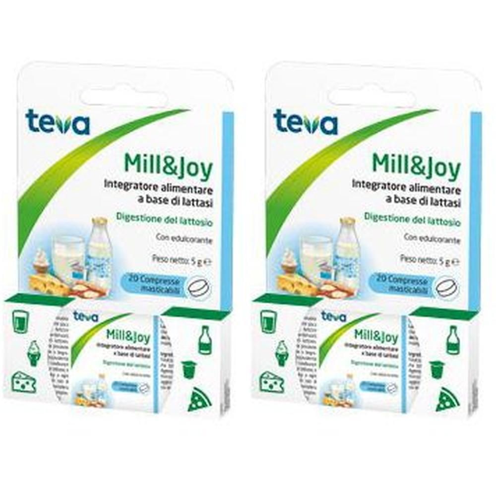 Due confezioni di compresse masticabili Mill&Joy con logo Teva. Contiene 20 compresse per confezione.