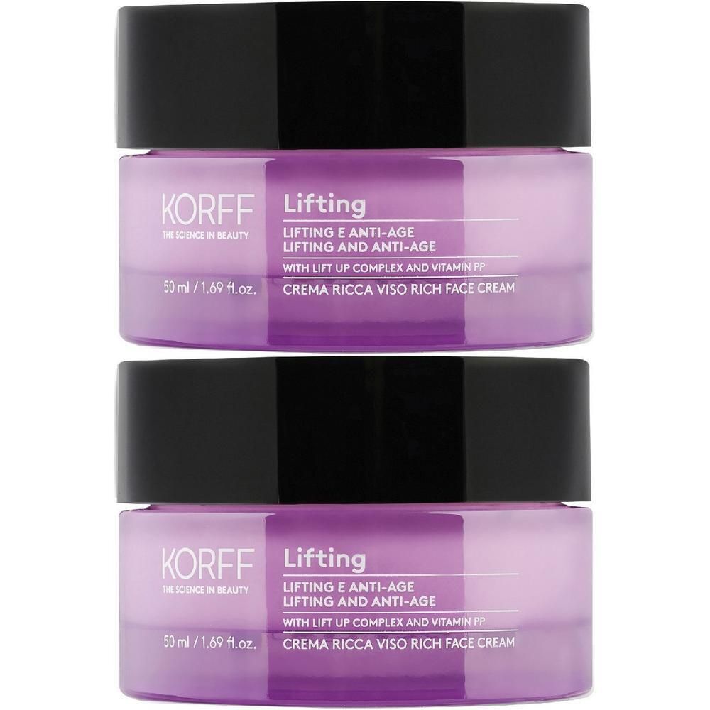 Due vasetti di crema viso KORFF Lifting con tappi neri e corpo in vetro viola.