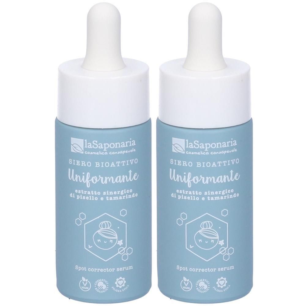Due flaconi azzurri con tappo contagocce. Etichetta: La Saponaria, Siero Bioattivo Uniformante.