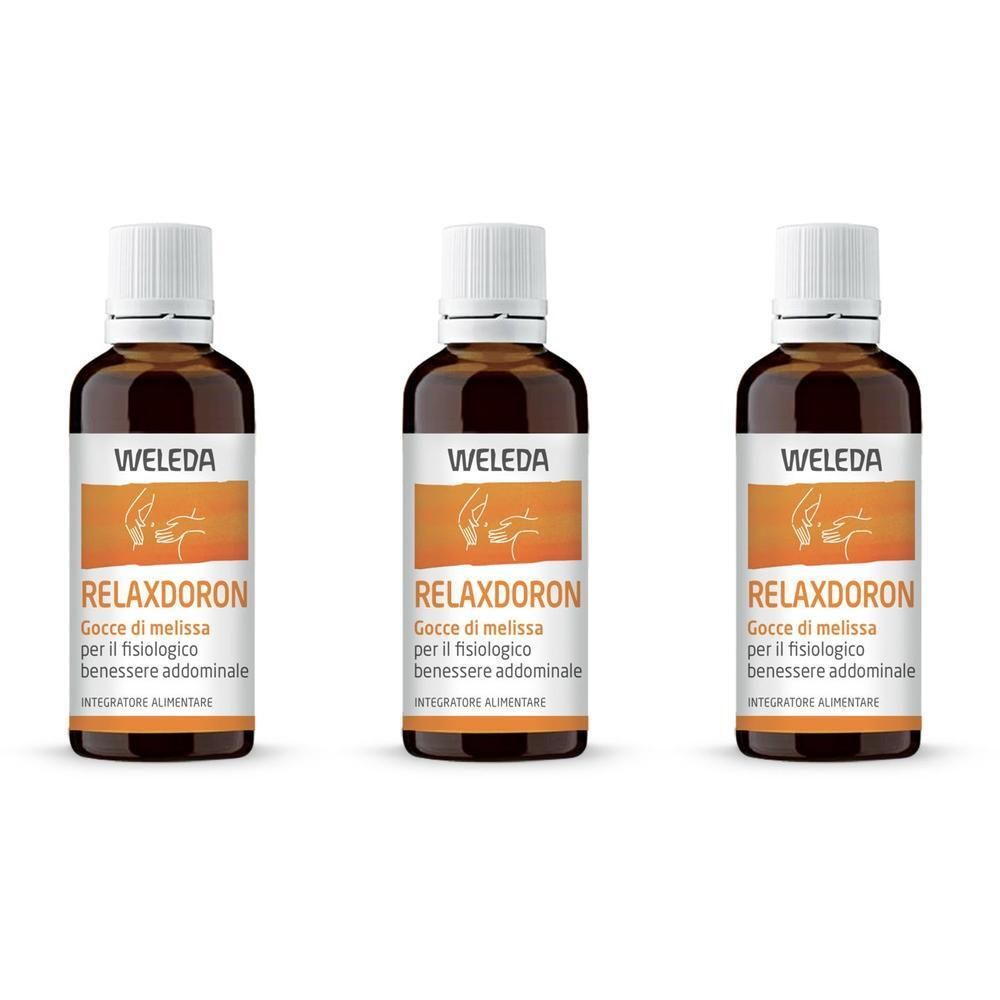 Tre flaconi di WELEDA Relaxdoron con tappo a vite bianco ed etichetta.