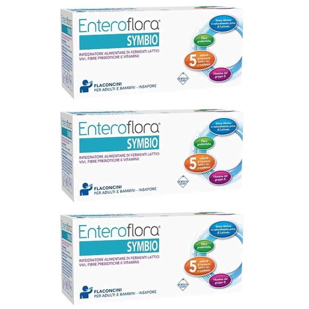 Tre confezioni di Enteroflora Symbio con 5 miliardi di fermenti lattici, prebiotici e vitamina B6.