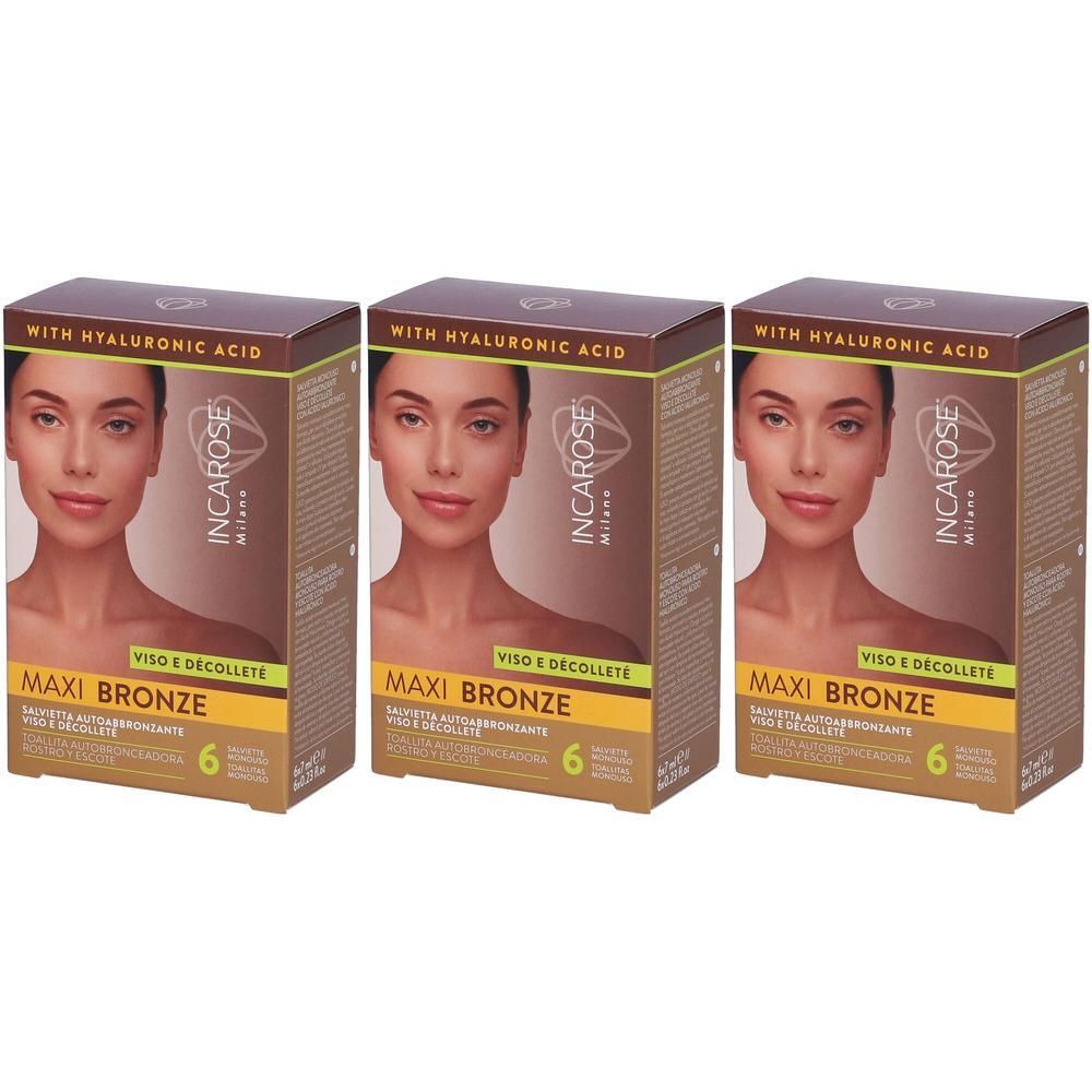 Tre confezioni di salviette autoabbronzanti INCAROSE Maxi Bronze Viso Décolleté, con acido ialuronico.
