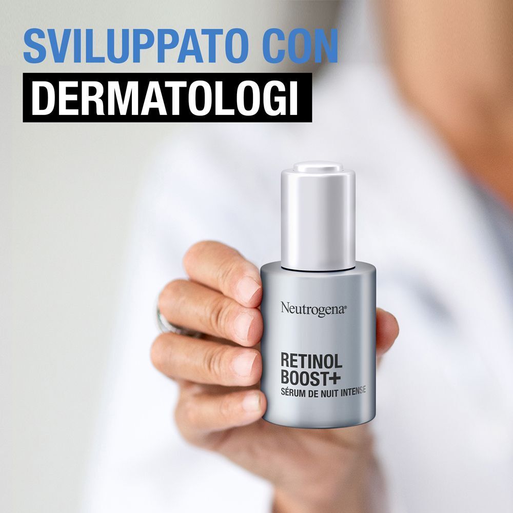 Mano che tiene un flacone di siero notte Neutrogena Retinol Boost+, testo sullo sviluppo dermatologico.