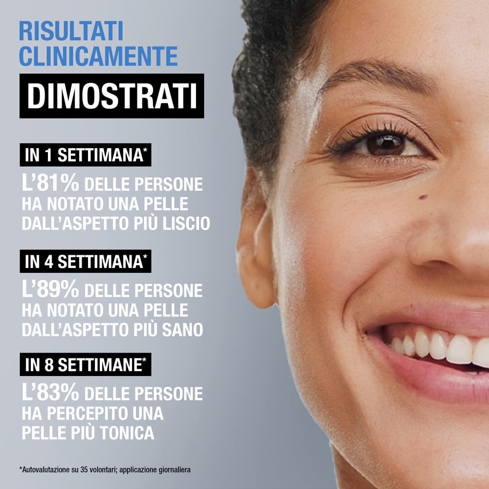 Viso di donna accanto al testo sui risultati clinicamente provati dopo 1, 4 e 8 settimane.