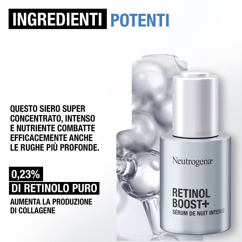 Flacone di siero notte Neutrogena Retinol Boost+ con testo su 0,23% di retinolo puro.