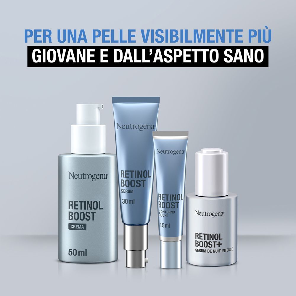 Quattro prodotti Neutrogena Retinol Boost: crema, siero e siero notte in varie dimensioni.