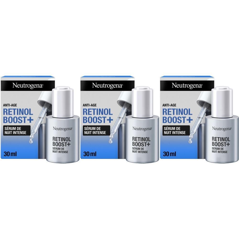 Tre flaconi Neutrogena Retinol Boost+ con contagocce e confezioni.