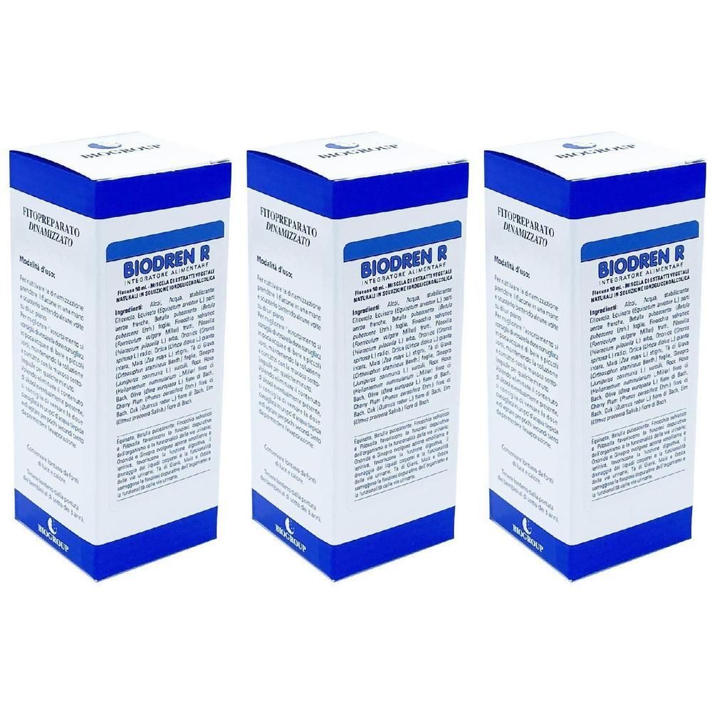 Tre confezioni di Biodren R, soluzione idroalcolica. Scatole bianche con accenti blu e testo.