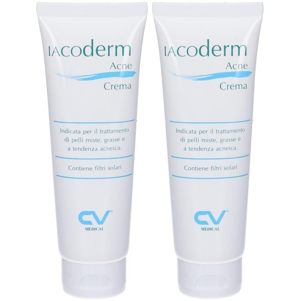 Due tubi bianchi Iacoderm Acne Crema con accenti blu e testo.