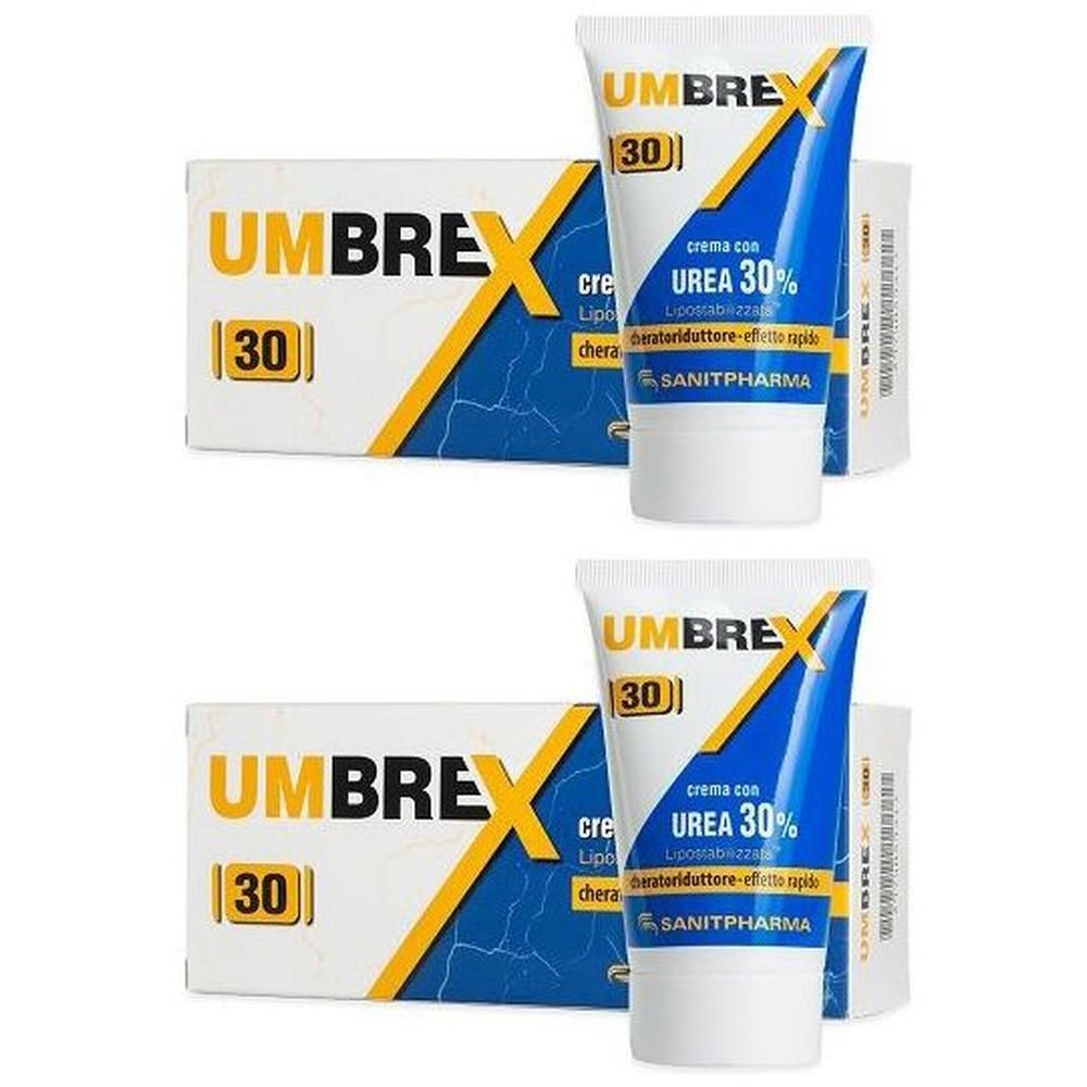 Due tubi e scatole di crema Umbrex 30% Urea. Confezione gialla e blu con scritte.